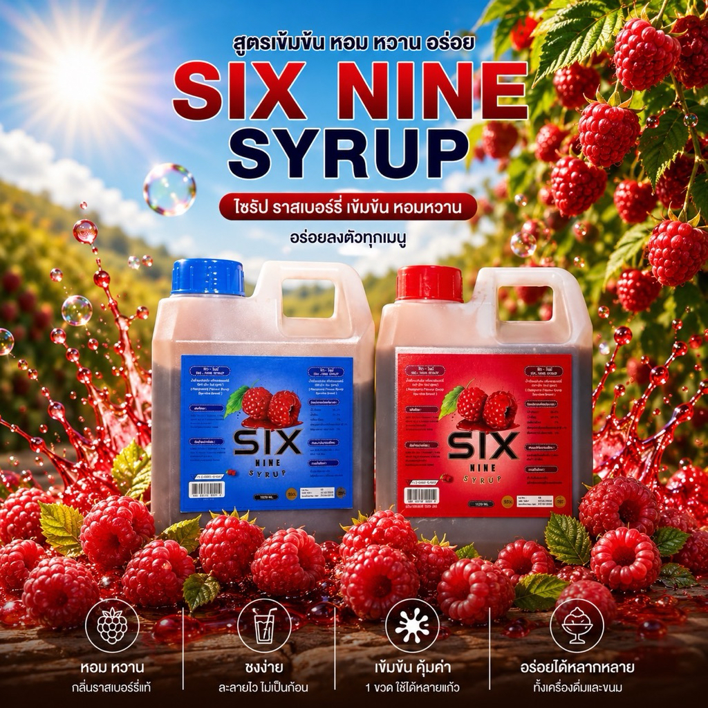 six-Nine ไซรัปขนาด1ลิตร กลิ่นราสเบอร์รี่ เข้มข้นมี2สูตร