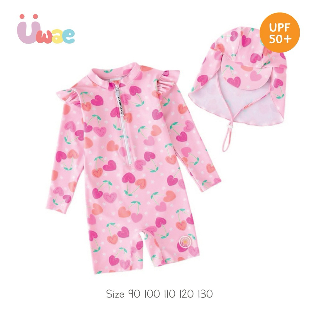 Uwae ชุดว่ายน้ำเด็กหญิงกันยูวีบอดี้สูท พร้อมหมวกกันแดด  Sweet Cherry Love รุ่น UV464
