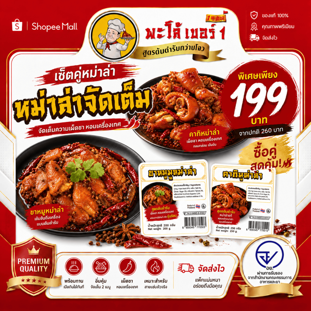 พะโล้ เบอร์1 เซ็ตขาหมูหม่าล่า+คากิหม่าล่า เผ็ดชา หอมเครื่องเทศ พร้อมทาน ผลิตในไทย เมนูดึกสุดคุ้ม199฿