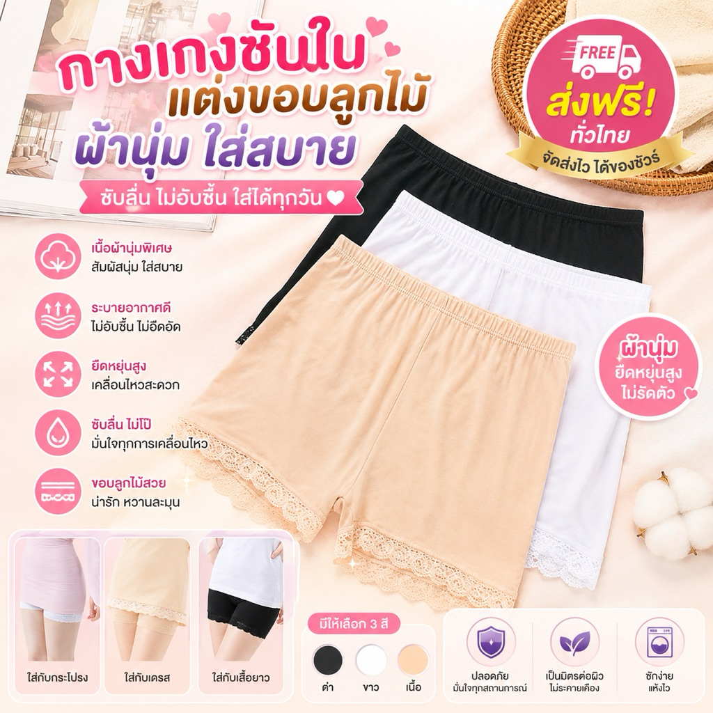 PrettyLady Shop (6001)กางเกงซับใน แต่งขอบลูกไม้ ผ้านุ่ม มี2ขนาด Free กับ sizeใหญ่