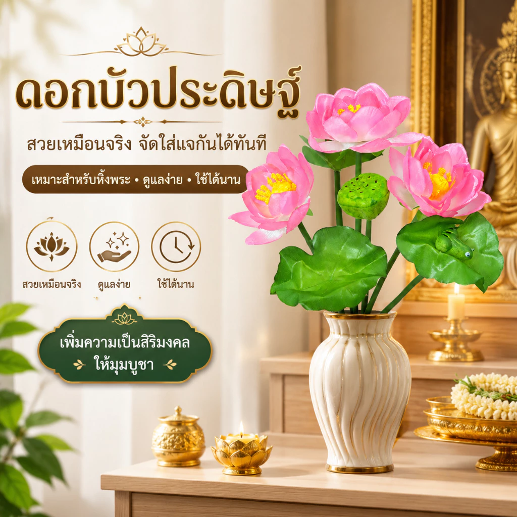 ช่อดอกบัวปลอม ดอกบัวประดิษฐ์ 3 ดอก พร้อมใบและฝักบัว เกรดพรีเมียม สูง 32 ซม. สำหรับไหว้พระ ตกแต่งบ้าน