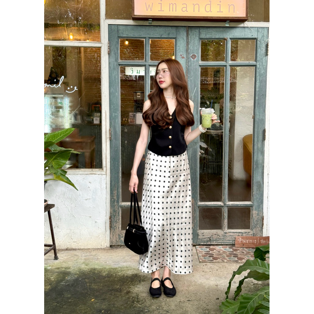 PICHA_BRAND : POLKA DOTT DOTTY DAZE SATIN กระโปรงยาวเอวยางยืดลายจุด