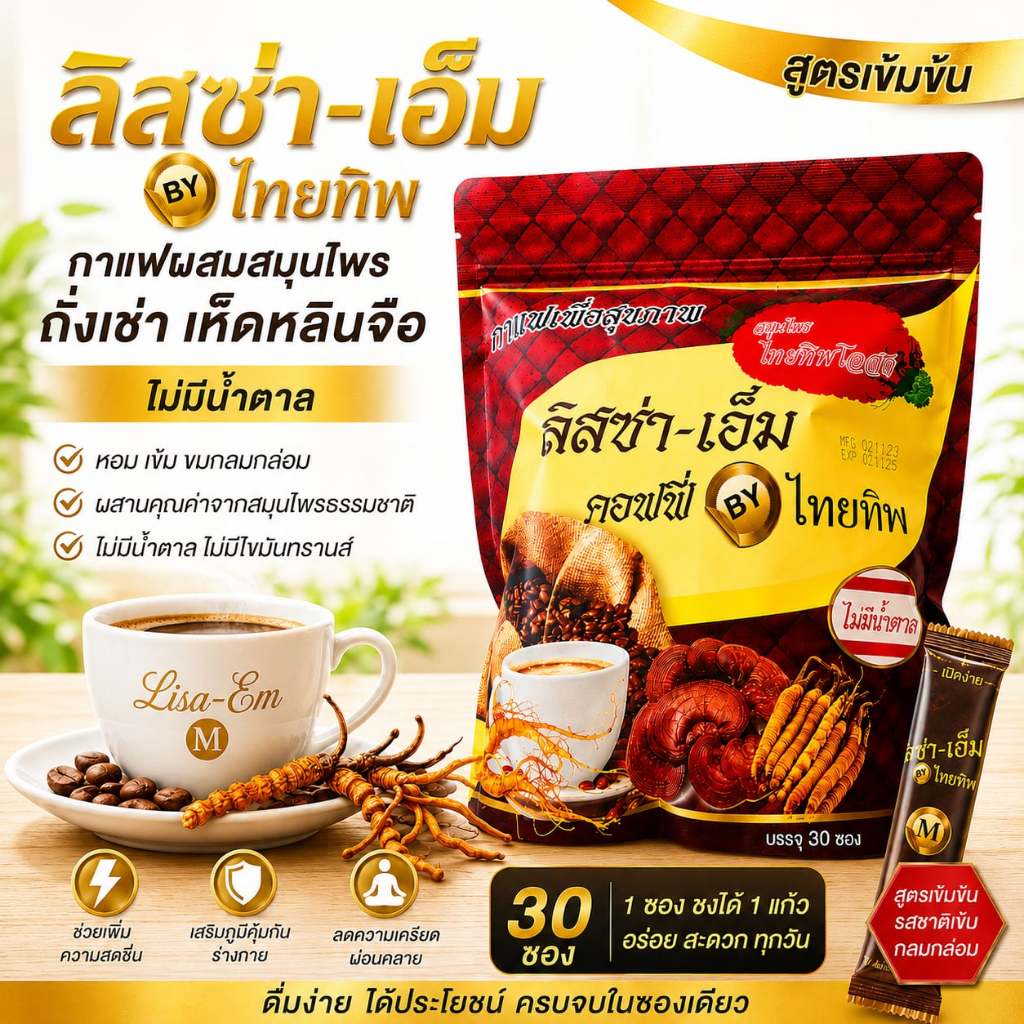 ลิสซ่า เอ็ม กาแฟเพื่อสุขภาพ สูตรเข้มข้นไม่มีน้ำตาล (1ห่อบรรจุ30ซอง)