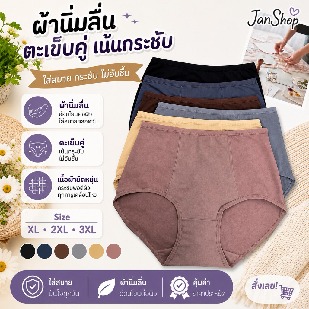 [A14]กางเกงในผ้าลื่น ตะเข็บคู่หน้า กระชับ ใส่สบาย XL-3XL  (กางเกงในราคาส่ง)