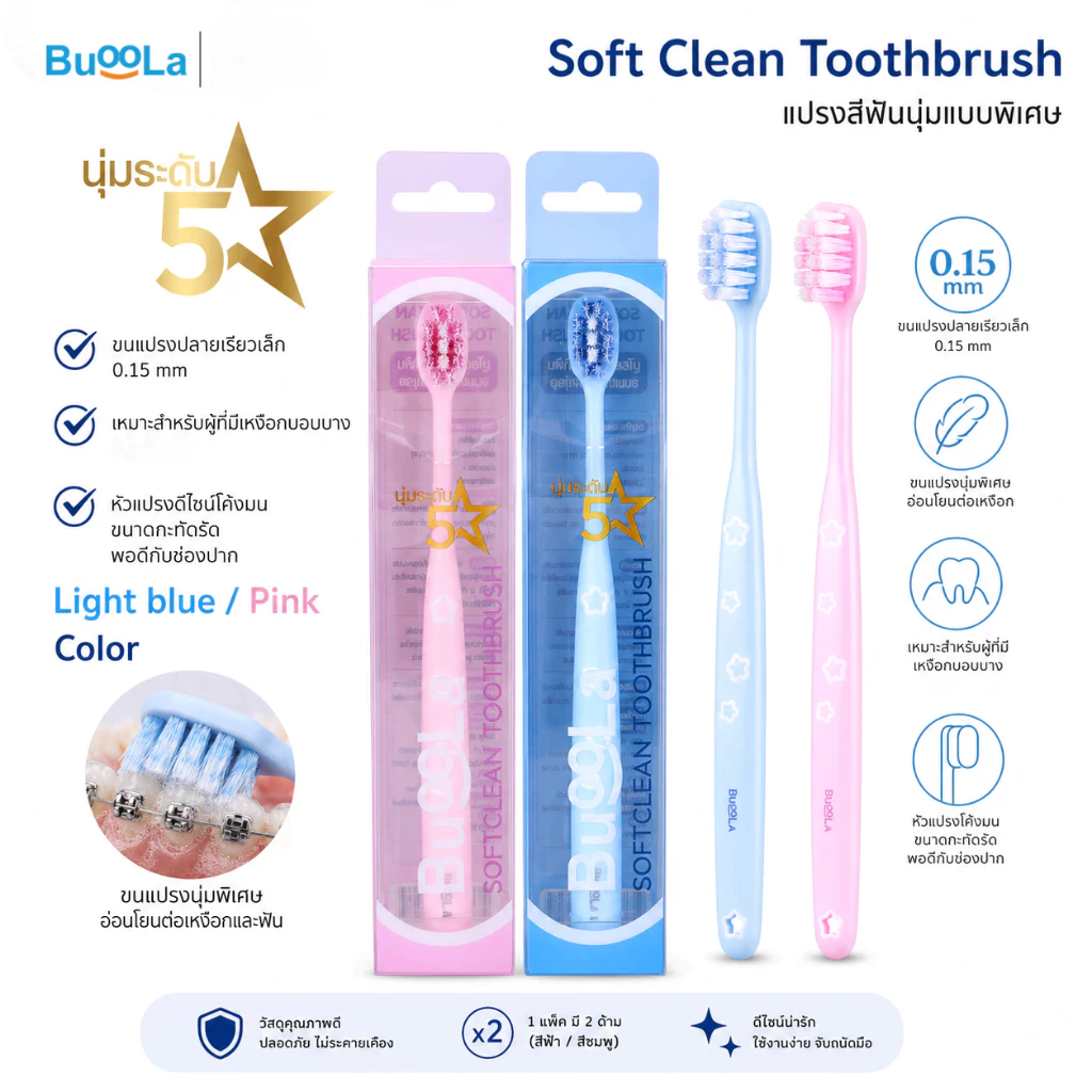 Buoola Soft Clean Toothbrush แปรงสีฟันขนนุ่มอ่อนโยน 5 ดาว เหมาะกับคนเหงือกบอบบาง ทำความสะอาดลึก