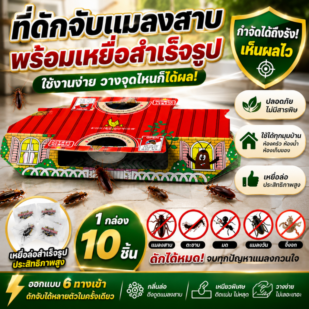 ที่ดักจับแมลงสาบ 1 กล่อง 10 ชิ้น พร้อมเหยื่อล่อแมลงสาบสำเร็จรูป ฆ่าแมลงสาบ ส่งสินค้าในวันเดียวกัน ดักแมลงสาบ ยาแมลงสาบ แ