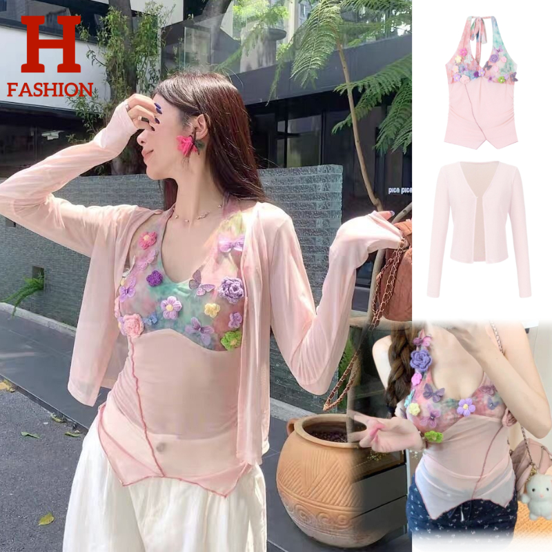 HOT พร้อมส่ง กล้าม/เสื้อคลุมแขนยาว ดีเทลสีชมพูซีทรูบางเบา ลายดอกไม้ -FY947/FY951