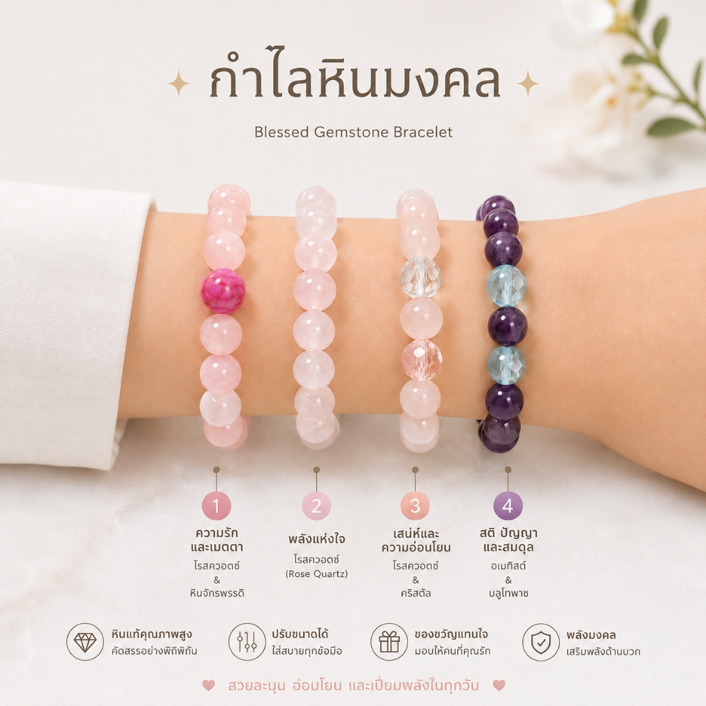 กำไลหินมงคล โรสควอตซ์ Rose Quartz อเมทิสต์ Amethyst หินแท้ หินเสริมความรัก ของขวัญผู้หญิง ลุคหวานละมุน ใส่แล้วมีออร่า