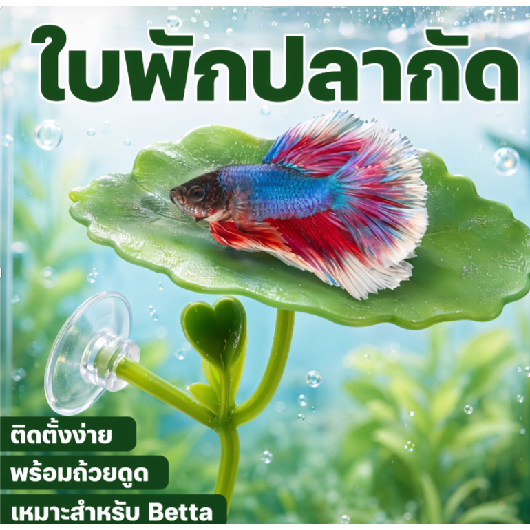 ใบพักปลากัดพร้อมถ้วยดูด เปลญวนปลากัด ใบพักปลา Betta Rest Leaf ติดตู้ปลา ของตกแต่งตู้ปลา