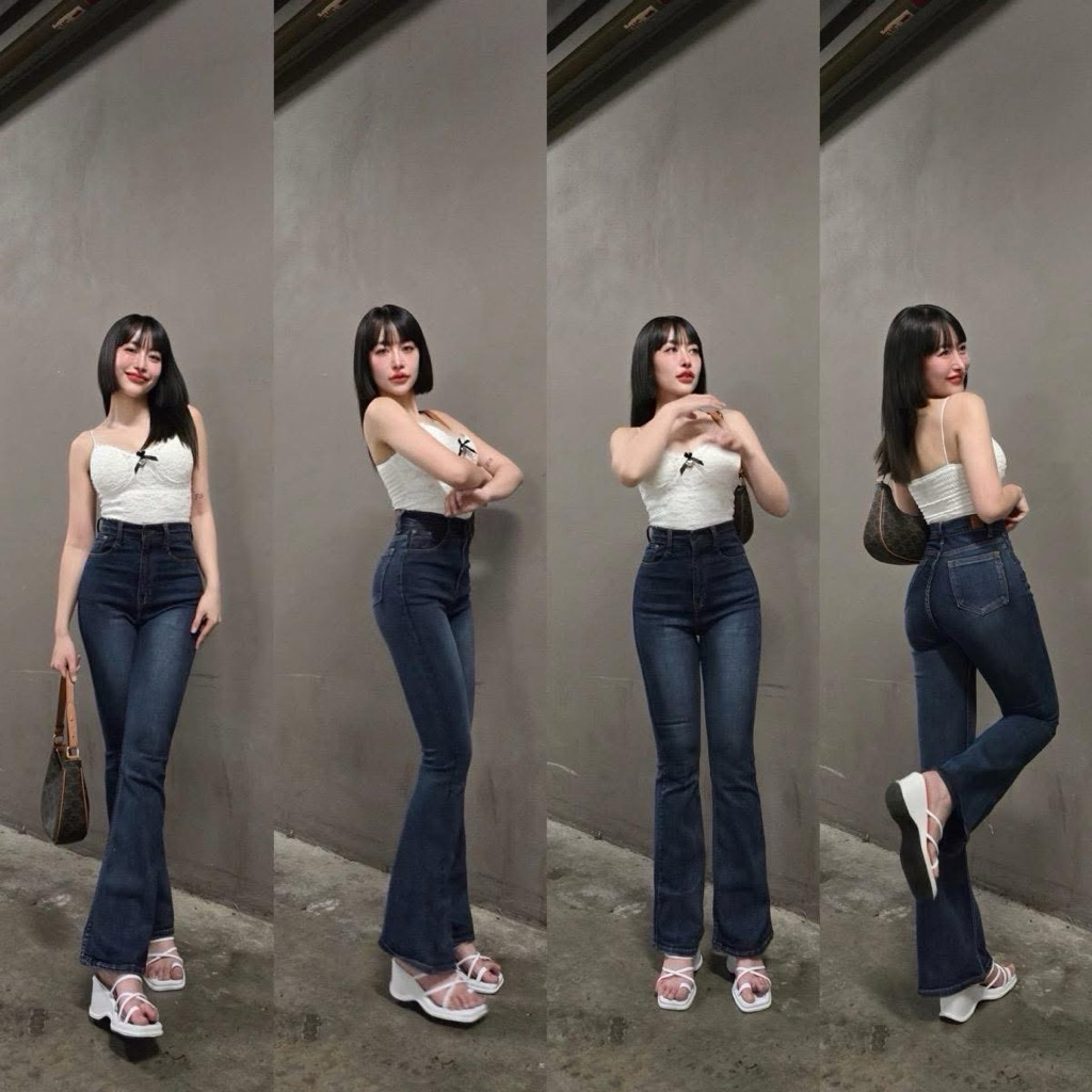 F9 Jeans (S-2XL) กางเกงขาม้า สีชานม ผ้ายีนส์ยืดเอวสูงพิเศษเหนือสะดือ 2 นิ้ว ผ้านิ่มยืดได้เยอะ ใส่สบายไม่อึดอัดทรงสวยมาก