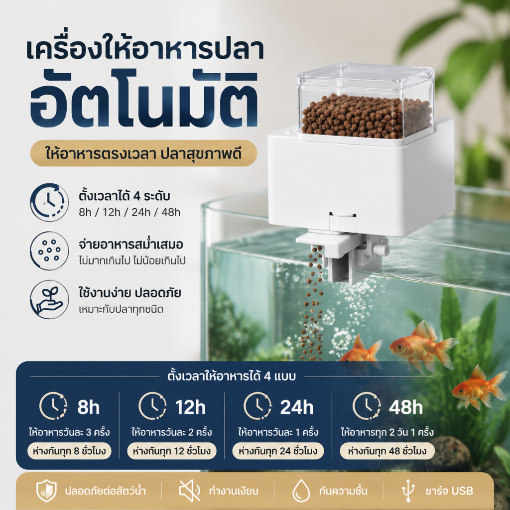 เครื่องให้อาหารปลาอัตโนมัติ ไม่ทำให้อาหารติดค้าง ตั้งเวลาได้หลายระดับ ความจุ 50g