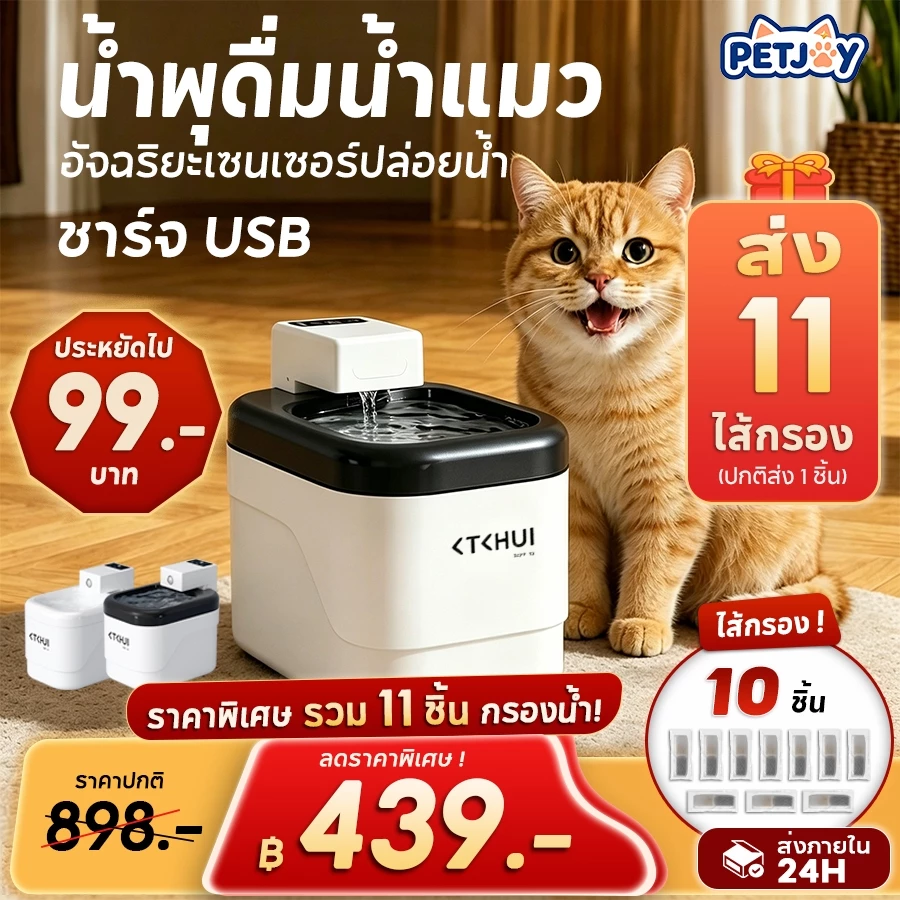 เครื่องให้น้ำแมวอัตโนมัติ ไร้สาย ไม่ต้องเสียบปลั๊ก เซ็นเซอร์+ตั้งเวลา กรองน้ำสะอาด ป้องกันเผาแห้ง เงียบไม่รบกวน