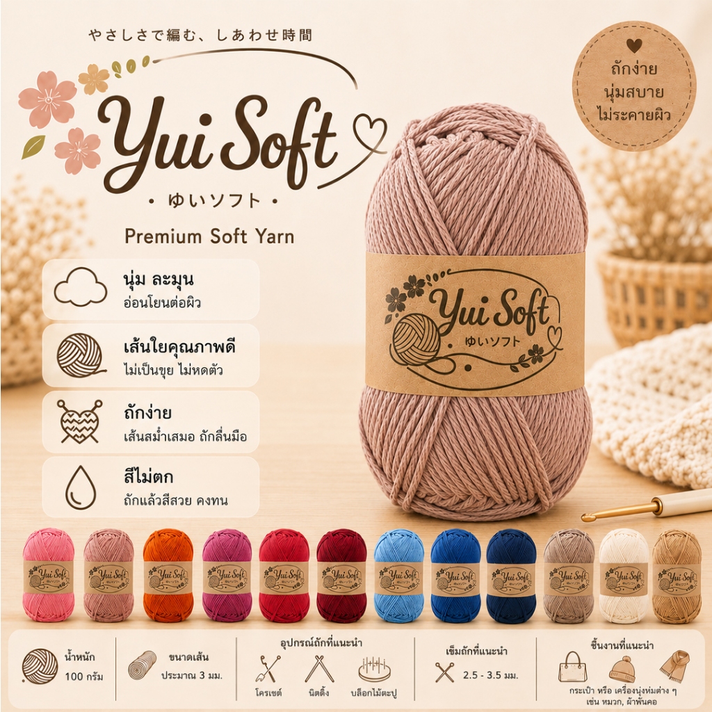 ไหมพรม ยูอิซอฟท์ (Yui Soft) ขนาด 3 มม. ม้วนละ 100 กรัม