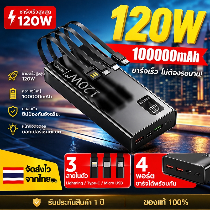 ZAPLY พาวเวอร์แบงค์ 100000mAh แบตสำรอง 2026 พอร์ตอินพุต2พอร์ต รองรับชาร์จเร็ว ใช้ได้กับทุกรุ่นทุกยี่ห้อ การชาร์จที่รวดเ