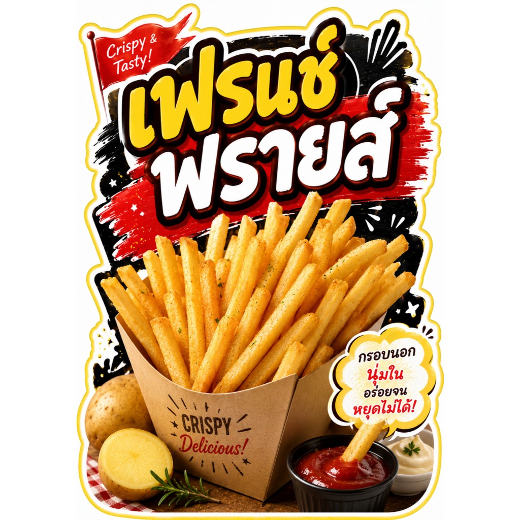 ป้ายอาหาร ประเภทของทอด อาหารทานเล่น เช่น เฟรนซ์ฟรายส์ ไก่ป็อป