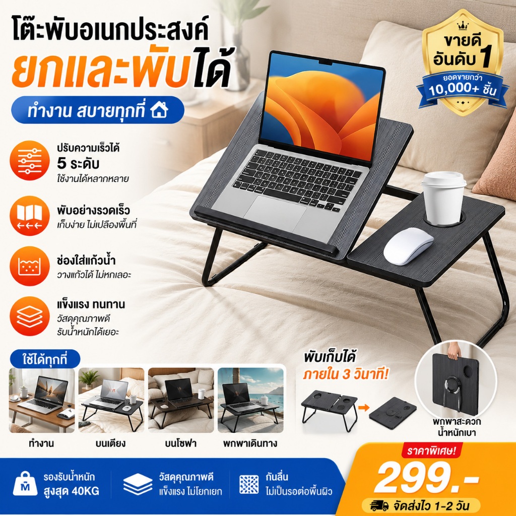 🛏️ โต๊ะวางโน้ตบุ๊คบนเตียง โต๊ะคอมพับได้ ปรับสูง-ต่ำได้ 5 ระดับ โต๊ะคนขี้เกียจ มีที่วางแก้วและแท็บเล็ต แข็งแรงทนทาน ประหย