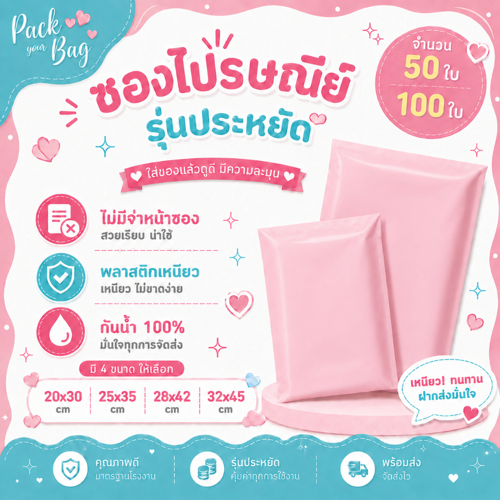 ซองไปรณีย์สีพาสเทล ถุงไปรษณีย์พาสติก ซองไปรษณีย์พาสเทล ซองไปรษณีย์พลาสติก รุ่นไม่จ่าหน้า 50,100 ใบ