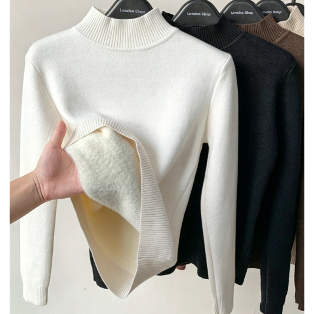 เสื้อไหมพรมครึ่งคอปกสีขาวมีขนสื้อในไหมพรมหนาฤดูหนาวเสื้อครึ่งคอปกสีขาวจับคู่ได้ทุกลุค