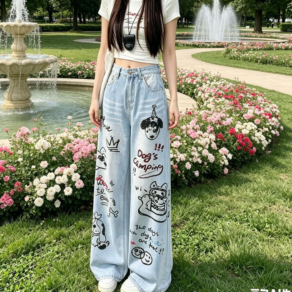 Aurae S-6XL👖 🌸กราฟฟิตีพิมพ์กางเกงยีนส์ขากว้างสีฟ้าอ่อน, เอวสูงหลวมตรงกางเกง, กางเกง สตรีทแวร์🌸