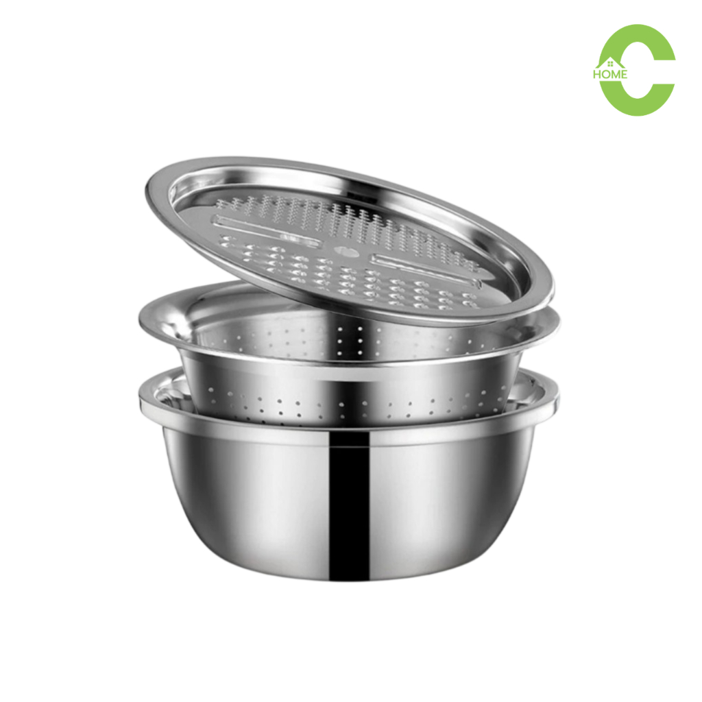 ชุด3ใบชามขูดผักผลไม้ ชุดกะละมังขูดผัก stainless basin ที่สไลด์ผัก ชามขูดผัก กะละมังสแตนเลส 26cm Simple Kitchen