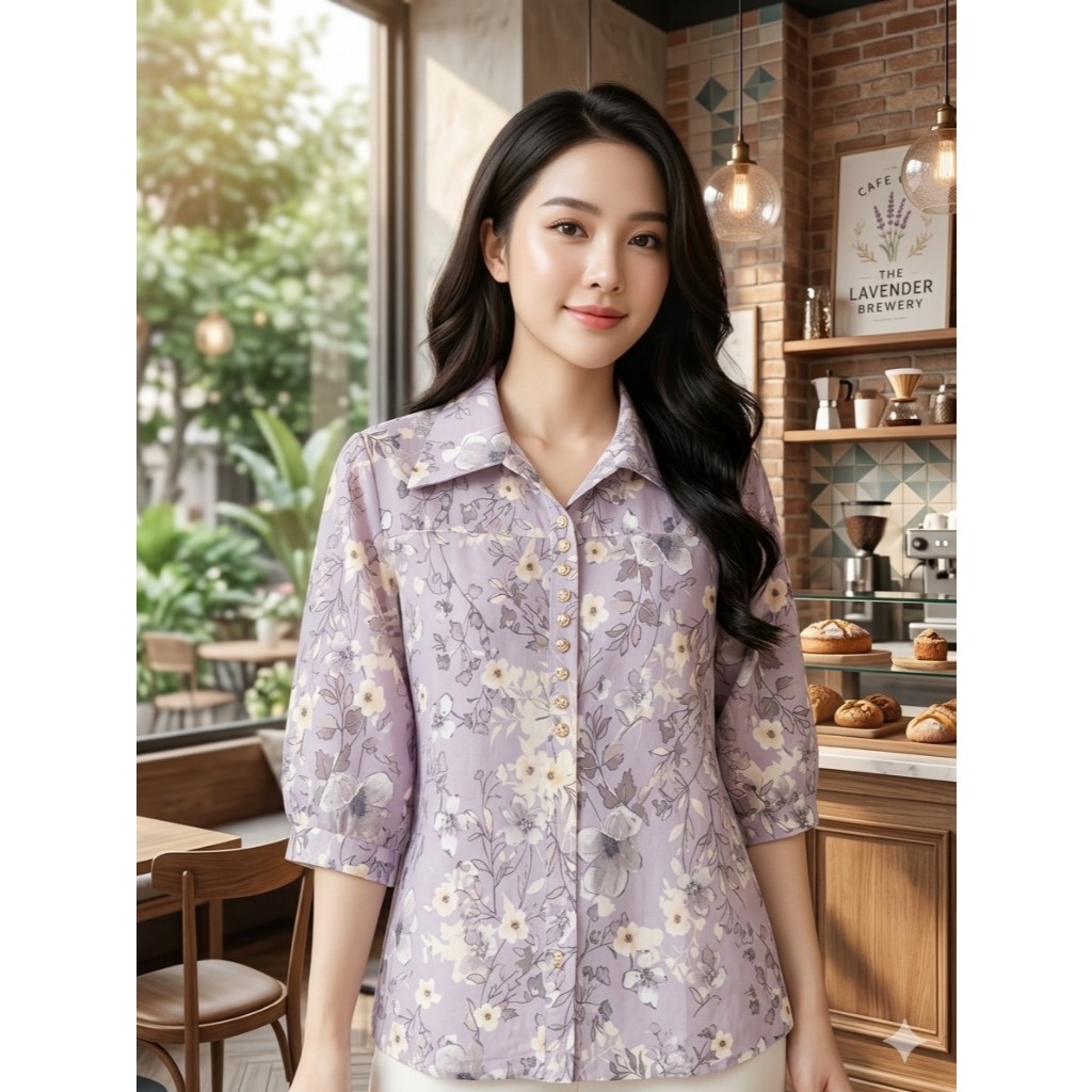 57702เสื้อยืดผ้าเกาหลี ฟรีไฃส์34''-44''เสื้อยืดคอปก แขนสามส่วน ลายดอก กระดุมหลอก เนื้อผ้ายืดใส่สบาย ผ้าไม่ร้อน