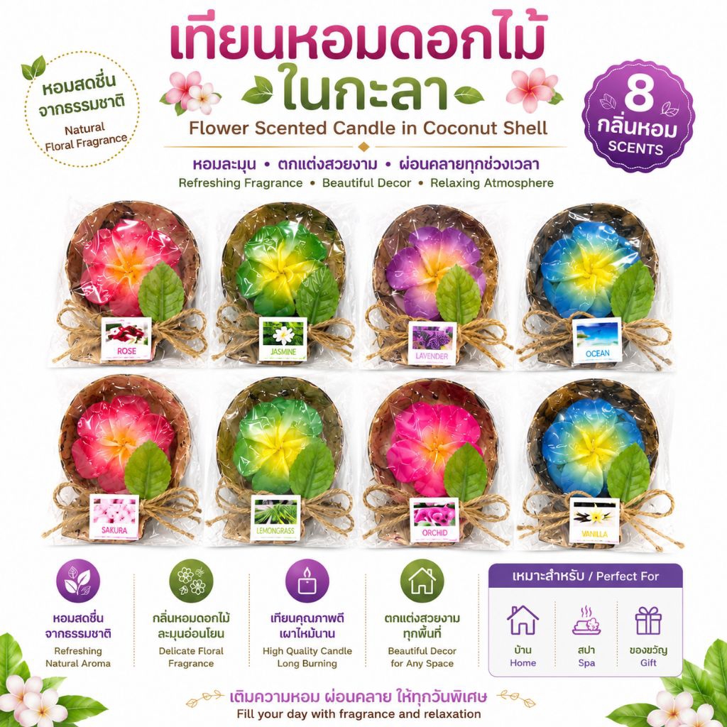เทียนดอกไม้ เทียนหอม เทียนหอมในกะลา เทียนหอมกะลามะพร้าว เทียนหอมอโรม่า เทียนสปา Flower Candle in Coconut Shell คละกลิ่น