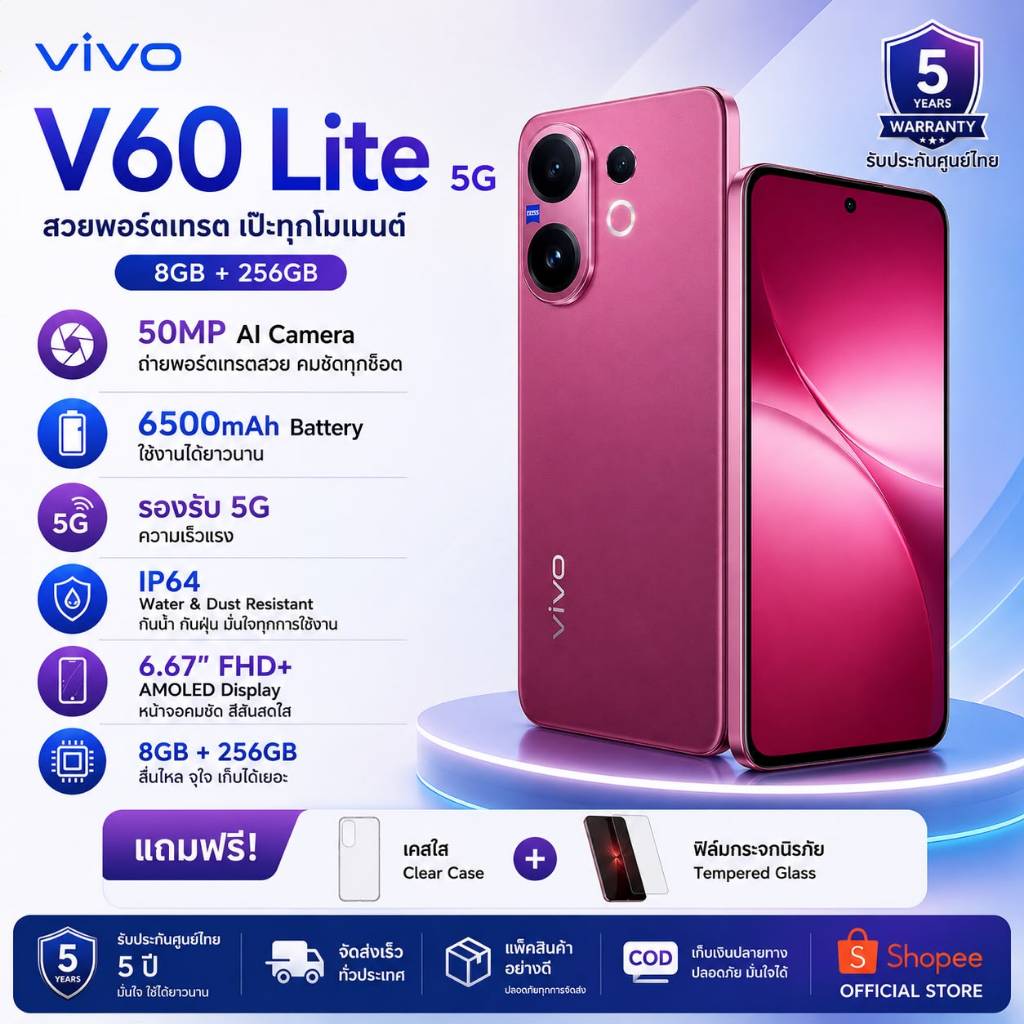 Vivo V60 Lite 5G 8GB+256GB | แบต 6500mAh | กล้อง AI 50MP | ชาร์จไว | เครื่องใหม่แท้