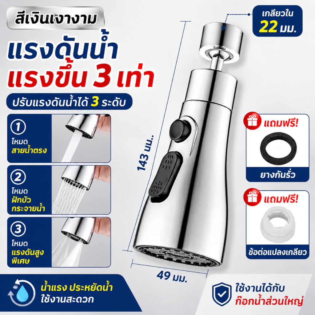 หัวต่อก๊อกน้ำกรองน้ำ ABS หมุนได้ 360° ปรับน้ำ 3 โหมด แรงดันสูง ล้างผักล้างจาน ติดตั้งง่าย ใช้ได้กับก๊อกน้ำทั่วไป