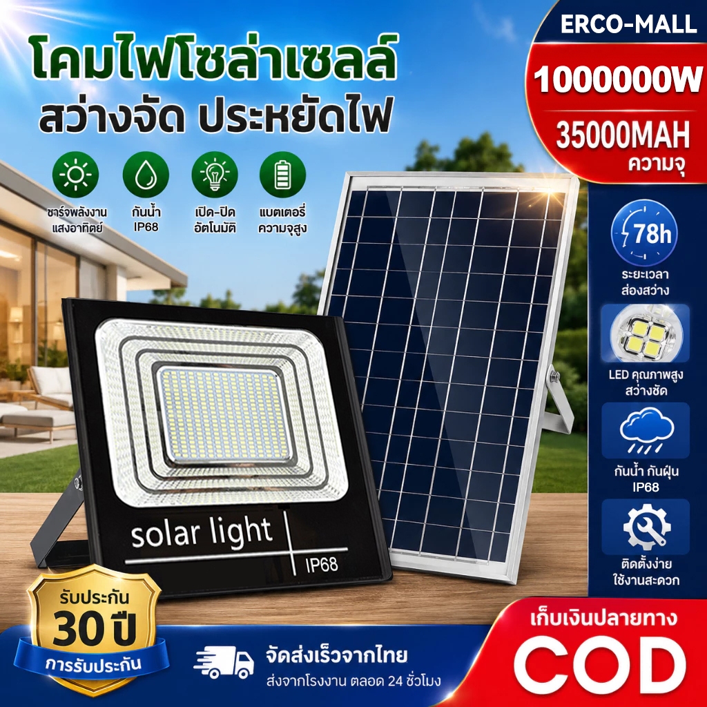 สดใสทั้งคืน ซื้อ 1 แถม 1 ไฟโซล่าเซลล์ 1000000W โซล่าเซลล์ ไฟถนน กันน้ำ IP68 solar light ไฟสปอร์ตไลท์ LED เปิดปิดอัตโนมัต