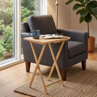 PJ wood โต๊ะพับไม้แท้ มินิมอล โต๊ะวางของอเนกประสงค์ ประหยัดพื้นที่ Foldable Rubberwood Tray Table
