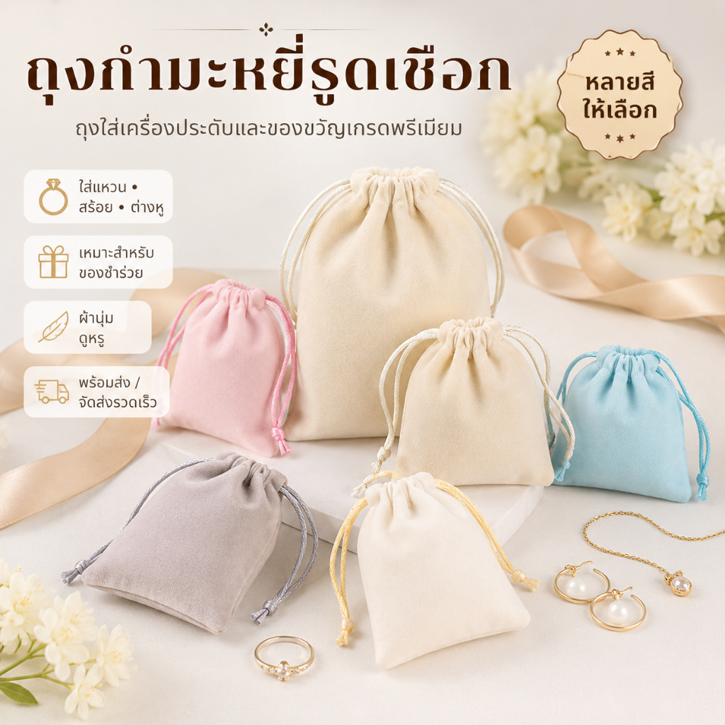 ถุงกำมะหยี่รูดเชือก ถุงใส่เครื่องประดับและของขวัญเกรดพรีเมียม เหมาะใส่แหวน สร้อย ต่างหู และของชำร่วย จัดส่งรวดเร็ว