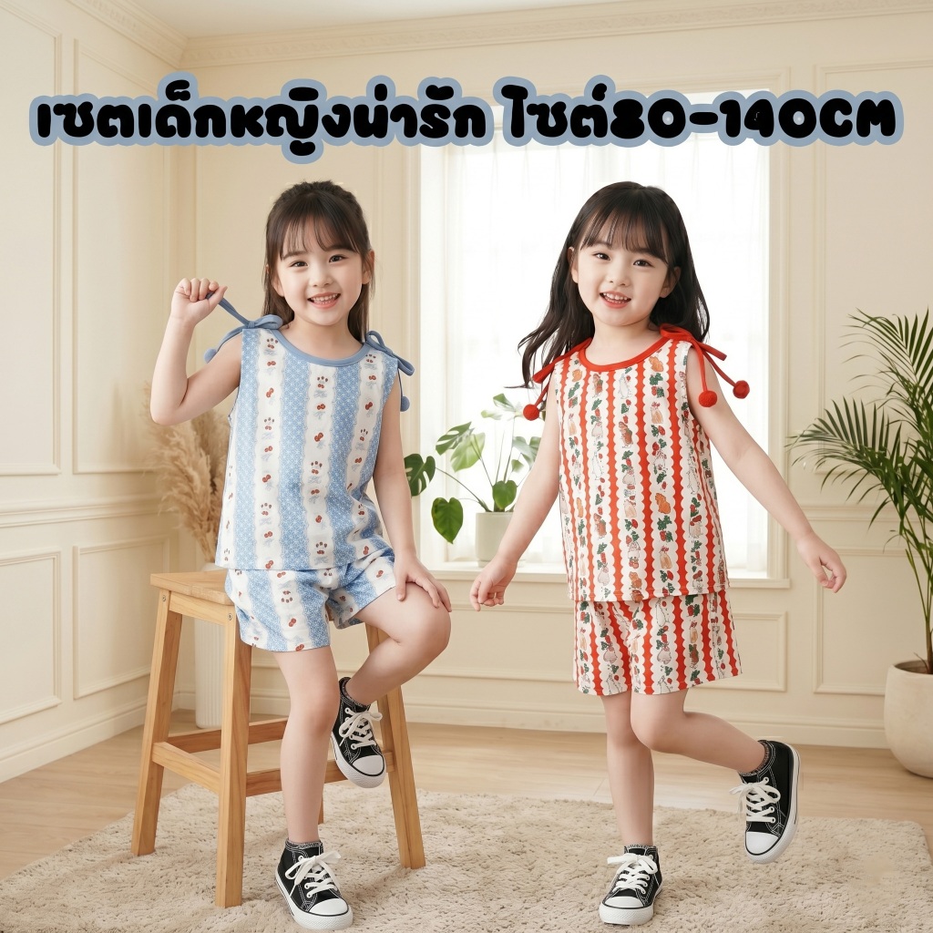 ชุด2ชิ้น เสื้อ กางเกง น้องกระต่าย ชุดฤดูร้อน เด็กผู้หญิง พิมพ์ลายดอกไม้และลูกไม้ สต๊อก จัดส่งเร็ว