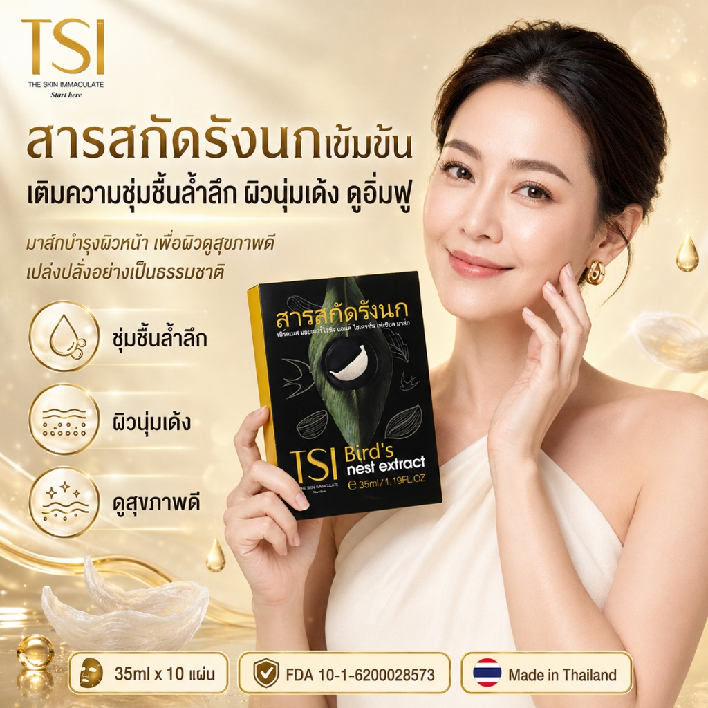 TSI มาส์กเพิ่มความชุ่มชื้นด้วยส่วนผสมสารสกัดจากรังนก ให้ความชุ่มชื้นอย่างล้ำลึก ปรับสีผิวให้กระจ่างใส
