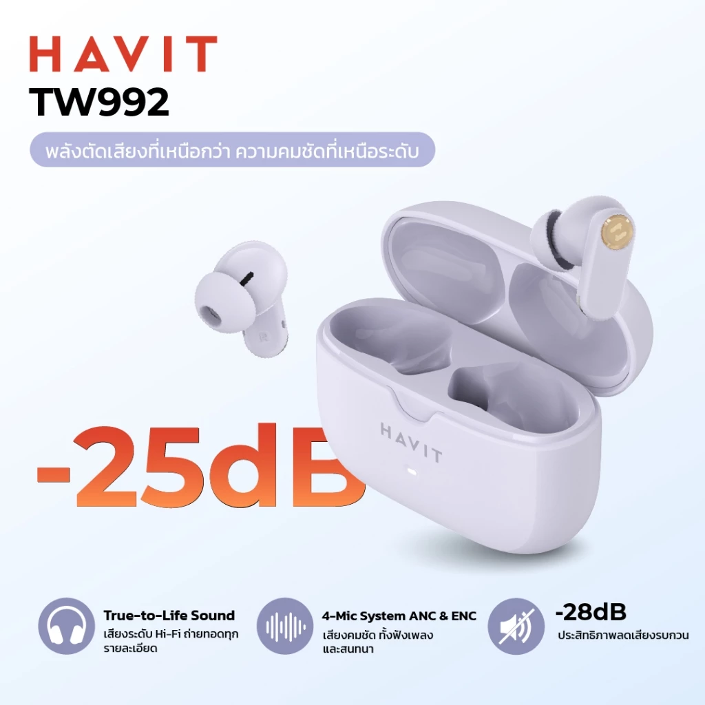 HAVIT TWS 992 หูฟังไร้สาย หูฟังบลูทูธ ไมค์ 4 ตัว พร้อมระบบ ANC & ENC -28dB