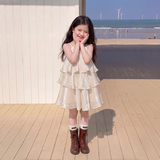 PRINCESS KESLI ชุดเดรสแขนกุด คอกลม แต่งระบาย แต่งระบาย หลายชั้น สีเบจ สไตล์เจ้าหญิง สําหรับเด็กผู้หญิง 2-9 ปี
