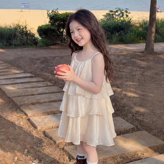 PRINCESS KESLI ชุดเดรสแขนกุด คอกลม แต่งระบาย แต่งระบาย หลายชั้น สีเบจ สไตล์เจ้าหญิง สําหรับเด็กผู้หญิง 2-9 ปี