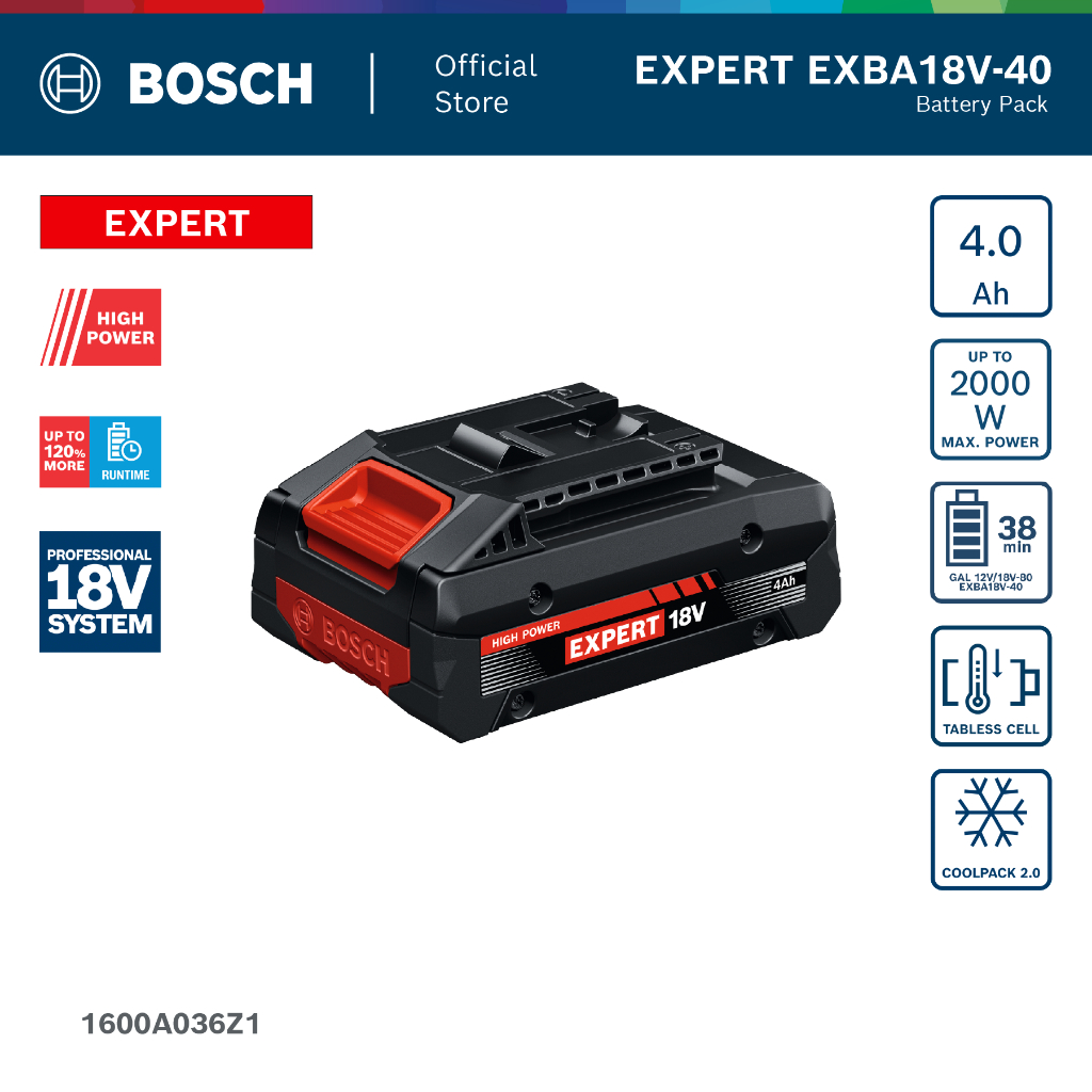 BOSCH EXPERT 18V 4.0Ah (1600A036Z1) แบตเตอรี่นวัตกรรมเซลล์ Tabless (EXBA18V-40)