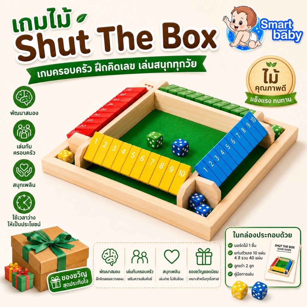 เกมไม้ Shut The Box ของเล่นเสริมทักษะเด็ก ฝึกคณิตศาสตร์ ความจำ และสมาธิ เกมครอบครัว เล่นได้ทุกวัย ของเล่นไม้เพื่อการศึ
