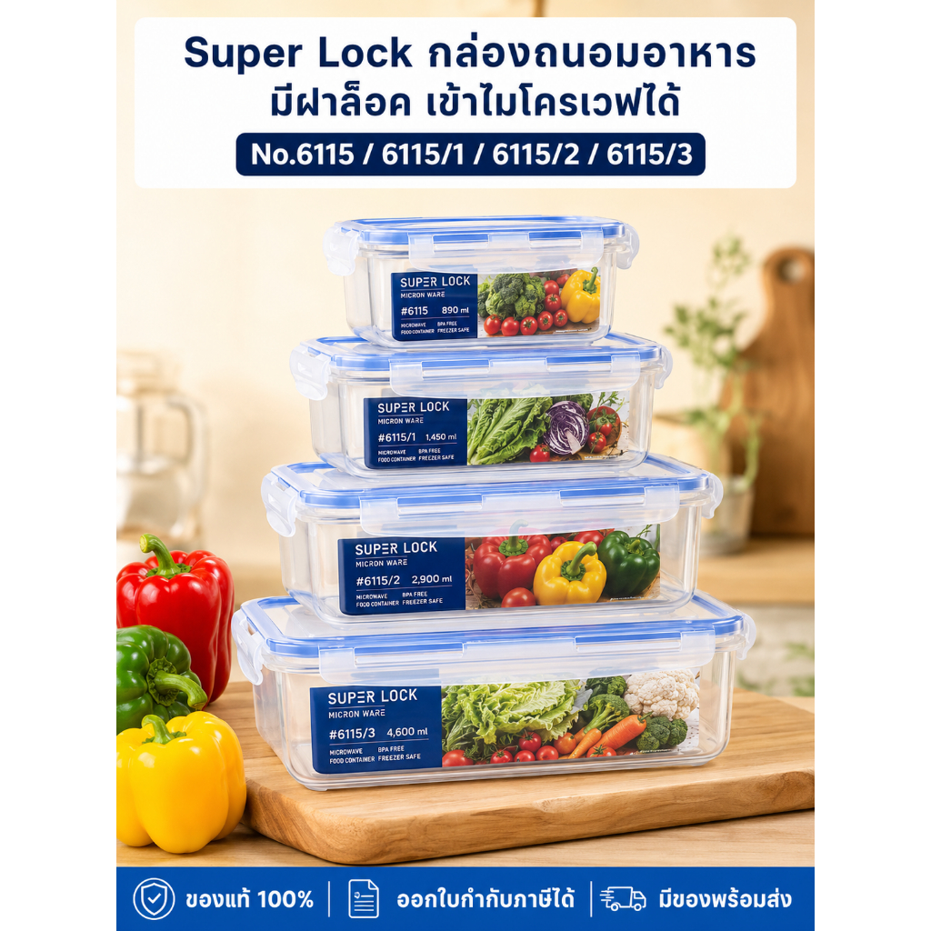Super Lock กล่องถนอมอาหาร กล่องใส่อาหาร มีฝาล็อค เข้าไมโครเวฟได้ No.6115 , 6115/1 , 6115/2 , 6115/3