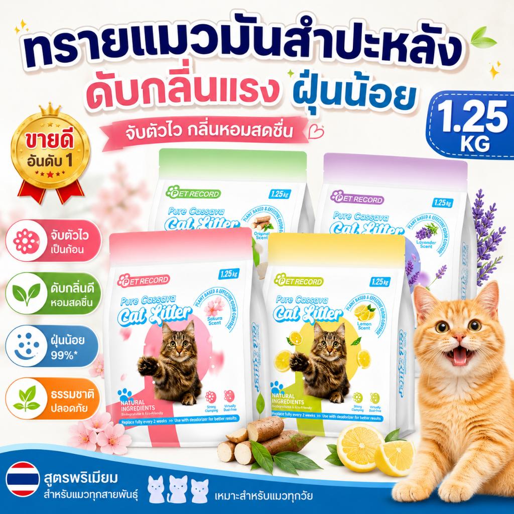 【PET RECORD】🔥 ทรายแมวมันสำปะหลัง 100% 1.25kg กลิ่นซากุระ ลาเวนเดอร์ เลมอน ออริจินัล