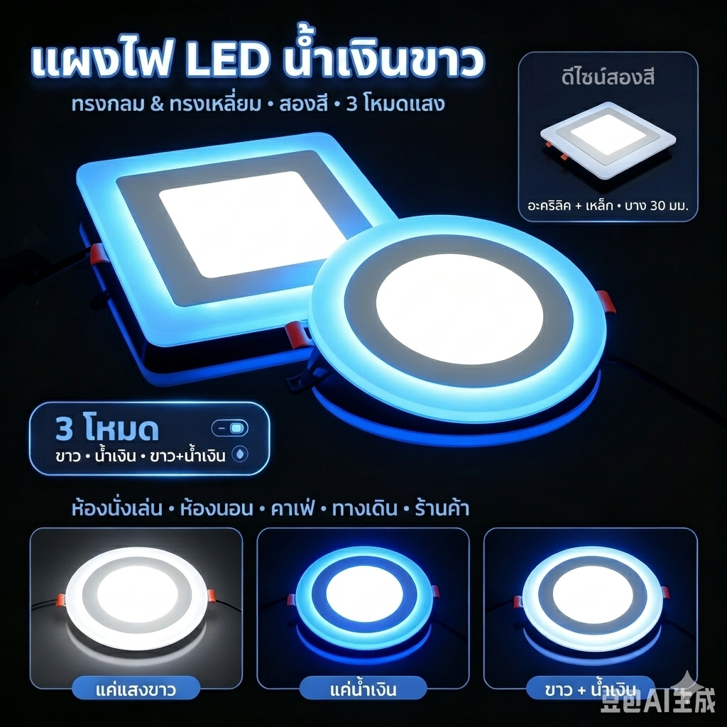โคมไฟดาวน์ไลท์ LED ดาวไลท์ ไฟดาวไลท์เพดาน โคมไฟ โคมไฟติดเพดาน LED แบบกลม สลับสีได้ สองสีในหนึ่งเดียว
