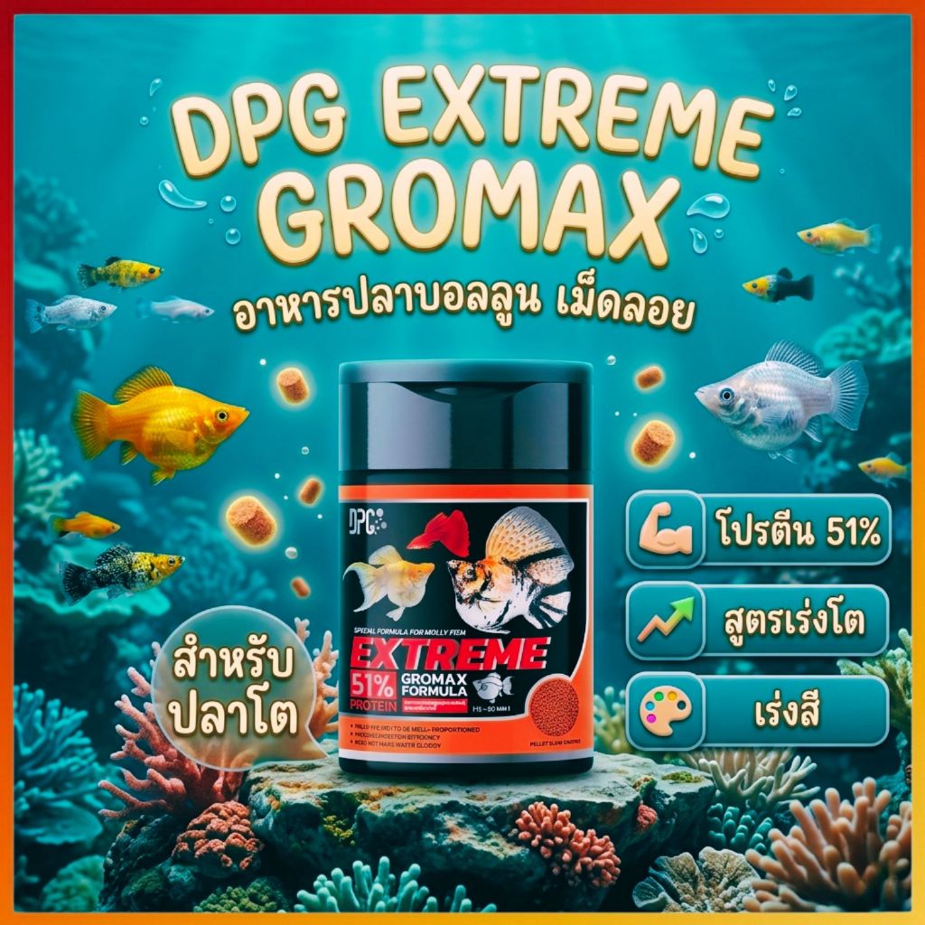 อาหารปลาบอลลูน สำหรับปลาโต DPG GROMAX โปรตีน 51% เม็ดลอย 100G