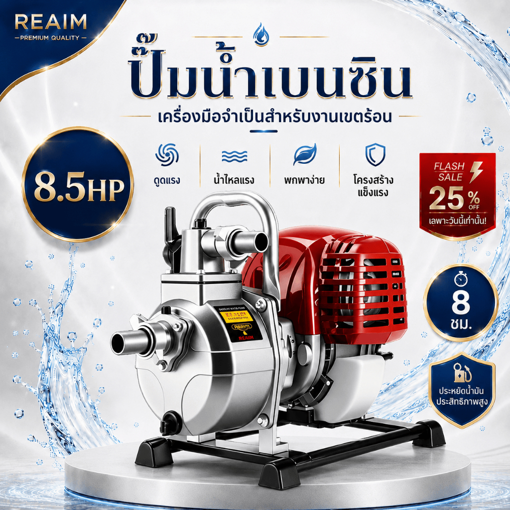 REAIM เครื่องสูบน้ำ 1นิ้ว 8.5แรงม้า รุ่นST-GSE-8.5 เครื่องสูบน้ำเบนซิน ปั๊มน้ำ ปั๊มชนเครื่อง Gasoline Water Pump