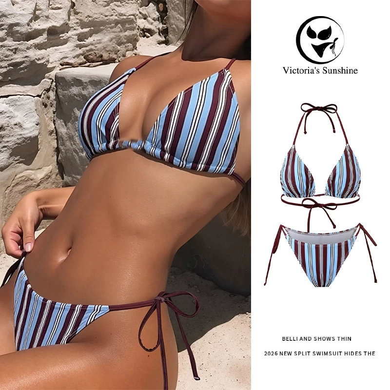 ส่งไว ชุดว่ายน้ําบิกินี่ ทูพีช bikini ผ้าลายทาง เว้าหลัง สไตล์ฤดูร้อนใหม่#1215