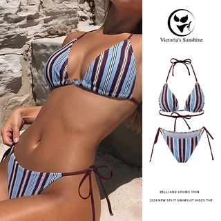 ส่งไว ชุดว่ายน้ําบิกินี่ ทูพีช bikini ผ้าลายทาง เว้าหลัง สไตล์ฤดูร้อนใหม่#1215