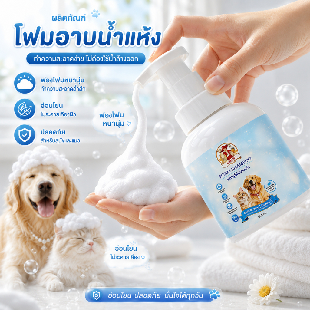 มาดามเพ็ท แชมพูโฟมอาบแห้ง ขนาด 250 ML. สูตรธรรมชาติ อ่อนโยน ขนนุ่ม หอมสะอาด MADAME PET Natural Foam Shampoo For Pets