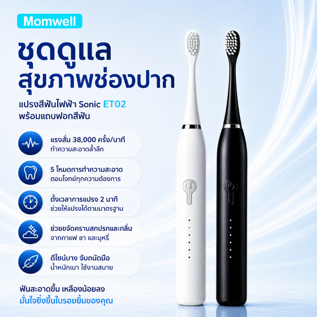 Momwell  แปรงสีฟันไฟฟ้า Sonic Electric Toothbrush แปรงสีฟันไฟฟ้ากันน้ำ ดูแลฟัน 2 หัว ป้องกันเหงือกและฟัน