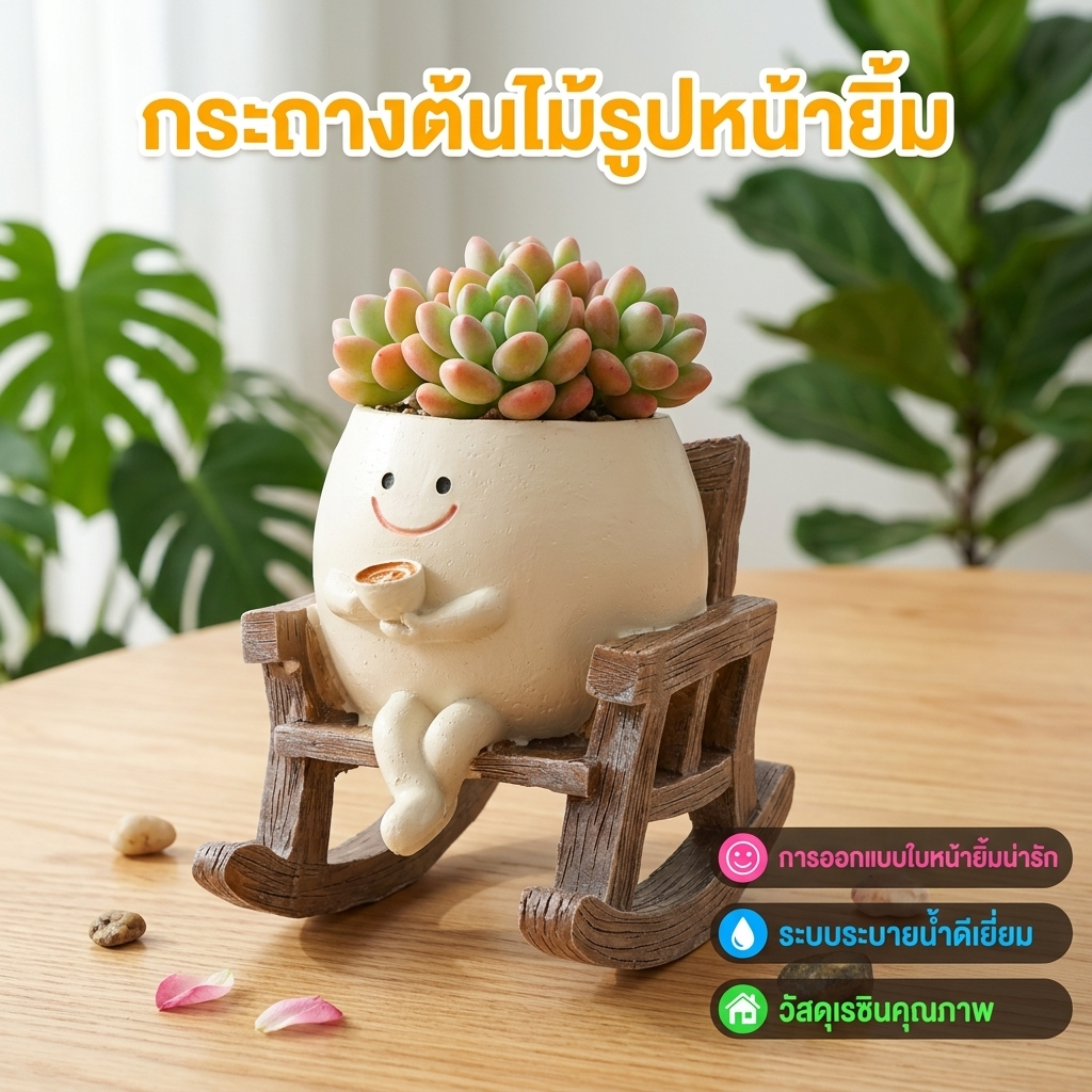 กระถางต้นไม้เรซิ่นรูปหน้า | ฐานโยกได้ | มีรูระบายน้ำ | สำหรับต้นไม้ในร่ม กระถางต้นไม้รูปหน้ายิ้ม