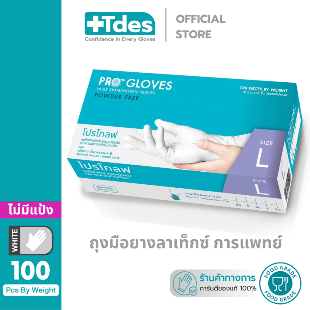 PRO GLOVES [เกรดการแพทย์] ถุงมือยางลาเท๊กซ์ 100ชิ้น/กล่อง สัมผัสอาหาร ไม่มีแป้ง