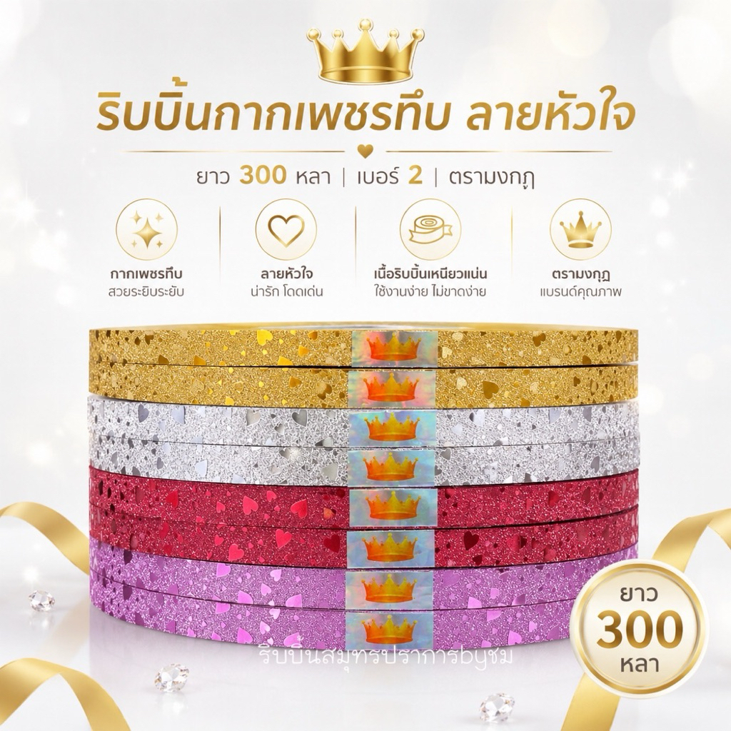 ริบบิ้นกากเพชรทึบ ลายหัวใจ ตรามงกุฏ ยาว300หลา /1ม้วน
